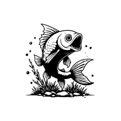 A comical fish illustration with its mouth wide open leaping from the water and black lines
