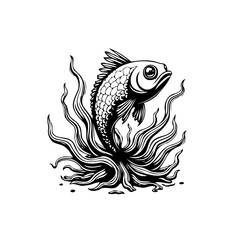 Elegant monochrome drawing depicting a fish swimming gracefully amidst seaweed in an aquatic environment marine