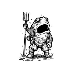 Illustration of a menacing frog wielding a trident against a white background with a bold expression