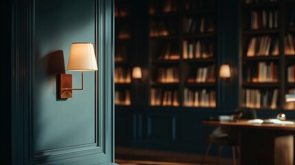 Luxurious Library Interior Detail: Modern Wall Sconce, Dark Blue Paneling, Classic Wood Molding. Warm Ambient Lighting, Serene Elegant Atmosphere in Sophisticated Home Study or Private Reading Room. 