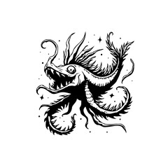 A whimsical kraken cartoon illustration set against a stark white background with scattered stars creating atmosphere