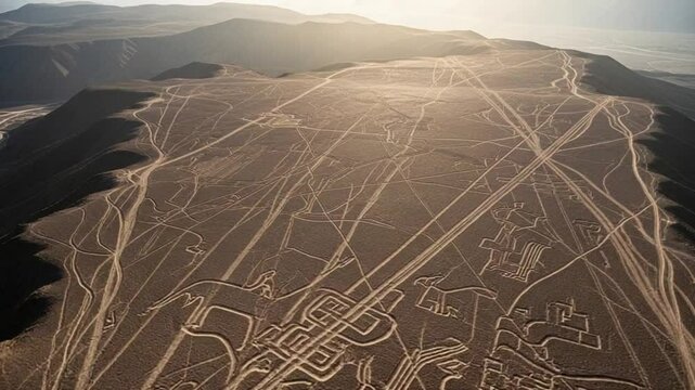 Aerial view of the Nazca Lines in Peru, showcasing ancient geoglyphs etched into the desert landscape.