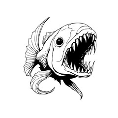 Aggressive predator with large teeth and open mouth drawing of sea monster with sharp fangs