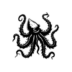 Elegant octopus black and white illustration captures deep sea creature in detailed vintage style graphic showing many tentacles
