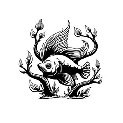 Mystical fish illustration amidst stylized plant life evoking a sense of underwater serenity and whimsical design