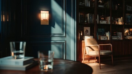 Moody and sophisticated interior with warm, atmospheric lighting. A dark, paneled wall, classic wooden bookshelf create an elegant and luxurious living space. Zoom Virtual Meeting Backdrop, Background