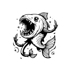 Striking monochrome illustration of a ferocious fish with exaggerated teeth and playful tentacles showcasing aquatic fantasy