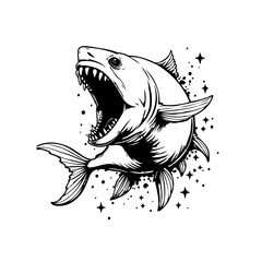 Dramatic depiction of an open mouthed fish with sharp teeth in a detailed black and white illustration