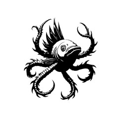 Intricate monochrome illustration of a fantastical creature blending fish and octopus features with dark artistic style