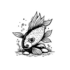 Obraz premium A charming cartoon fish with detailed scales swimming gracefully near rocks under the water