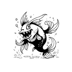 A humorous cartoon illustration: the story of a menacing fish with sharp teeth and bubbles