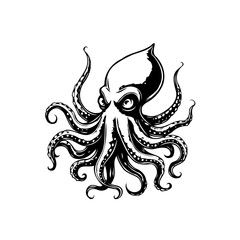 Mysterious vector illustration of a stylized octopus with intense stare black and white drawing octopus tentacles
