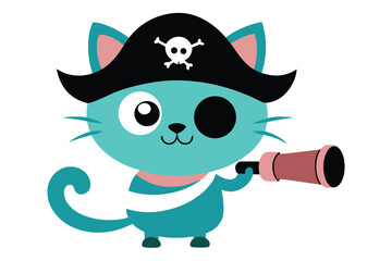 Whimsical pirate cat with an eyepatch holding a telescope on a white background