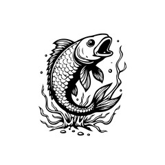 Naklejka premium Monochrome artistic illustration of a fish with an open mouth swimming in the water illustration for creative projects