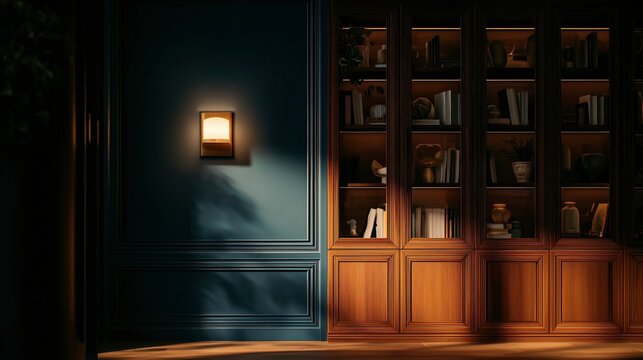 Moody and Elegant Interior of a Classic Library or Home Office at Night, With Warm Light From a Wall Sconce and an Illuminated Wooden Bookcase. Zoom Virtual Meeting Backdrop, Background