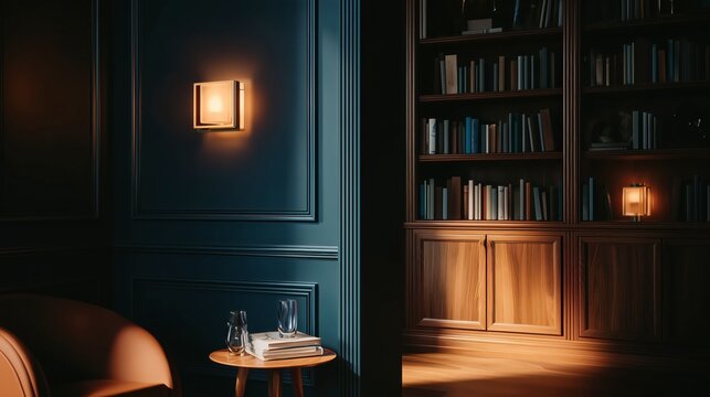 Moody and sophisticated interior with warm, atmospheric lighting. A dark, paneled wall, classic wooden bookshelf create an elegant and luxurious living space. Zoom Virtual Meeting Backdrop, Background