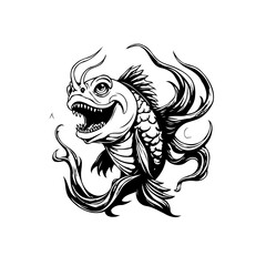 Detailed hand drawn illustration of a scary fish with sharp teeth in black and white style