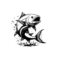 Angler's illustration of a monochrome jumping fish catching in a creative style, ideal for commercial use