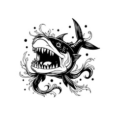 Detailed illustration of a shark with an open mouth surrounded by swirling elements drawing attention to its teeth