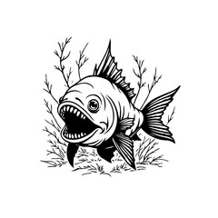 Detailed black and white illustration of a ferocious fish with open mouth in aquatic setting