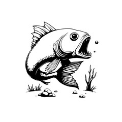 Cartoon bass fish jumping illustration black and white artwork fresh water wildlife drawing concept for logo or designs