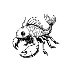 Unique sea creature amalgamation: A whimsical fusion of fish lobster and insect elements in digital illustration