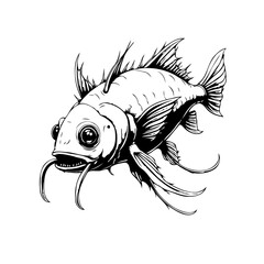 Detailed monochromatic illustration featuring unique fish with elongated sensory barbels and striking spiky fins creating artistic design