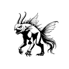 Detailed inking illustration of a fantasy creature with animal and fish-like features on white background