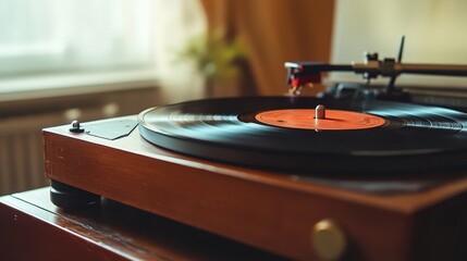 Close-up of a vintage wooden turntable with a spinning vinyl record.