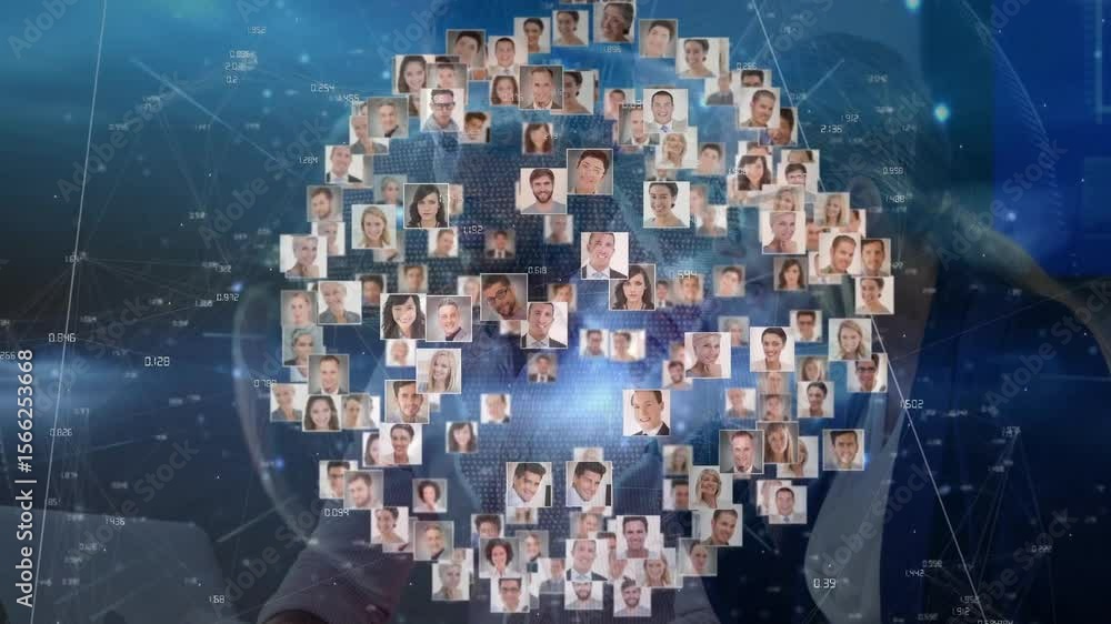 Poster headshot tiles fading into rotating globe while pulsing data lines showing business network