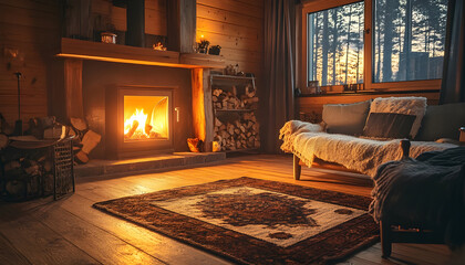 The warm glow of a cozy fireplace in a rustic living space
