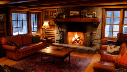 The warm glow of a cozy fireplace in a rustic living space