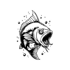 Angry fish illustration swimming with sharp teeth and bubbles, artistic expression and tattoo design