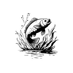 Monochrome fishing illustration with jumping fish design suitable for commercial purposes like fishing competition, sticker and logo