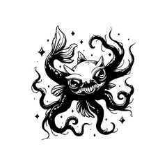 Monstrous aquatic hybrid creature illustration featuring tentacles fins horns and sharp teeth amidst sparkling stars offering a dark fantastical design