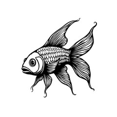 A meticulously crafted monochromatic illustration of a goldfish showcasing intricate details and graceful movement in a simple style