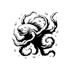 An intriguing and darkly whimsical illustration of a monstrous creature dwelling in the deep ocean depths evoking mystery and intrigue