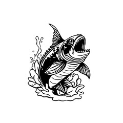 Striking black and white illustration: A captivating fish leaping from the water with open mouth