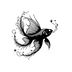Elegant black and white illustration of a stylized exotic fish with flowing fins and decorative elements