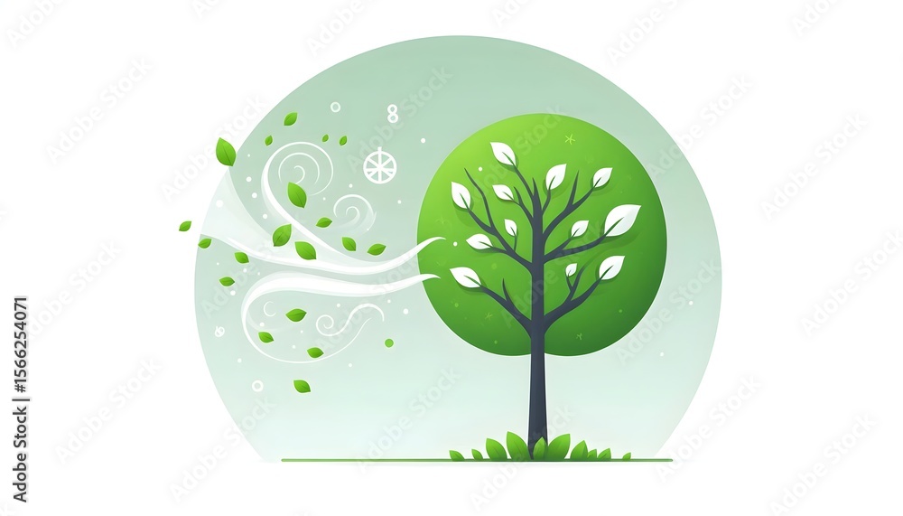 Poster an environmental symbol is shown through a leafy tree and surrounding air particles in flat vector d