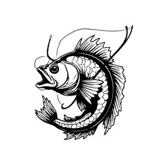 A captivating black and white illustration of a fish caught on a fishing hook in action