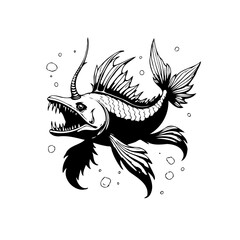 An illustration showcasing a deep sea angler fish with sharp teeth and glowing lure in black and white