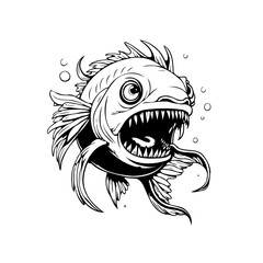 Aggressive sea creature with sharp teeth and bulging eyes in monochrome illustration artwork graphic style