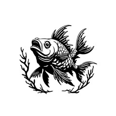 Stylized fish artwork with ornate fins and decorative seaweed illustration in black and white