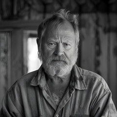 Black and White Portrait of Elderly Man with Expressive Features