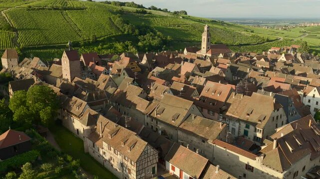 Aerial view of Riquewihr Vinyards and Alsacian Village on the Route des Vins in Alsace
