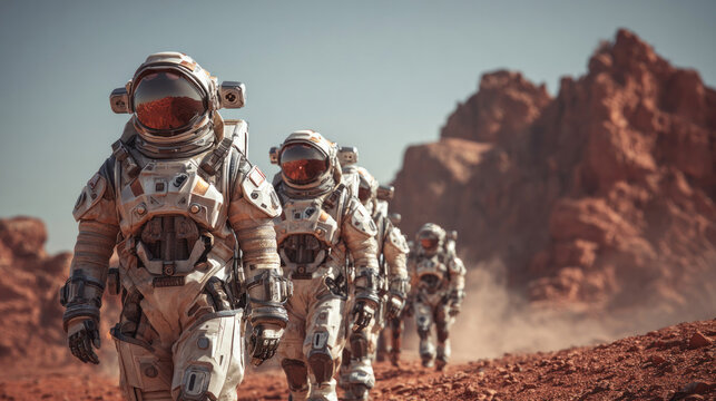 Team of astronauts walking on Mars surface beside AI-driven robotic assistants, red rocky terrain, futuristic space suits, digital control interface on helmet displays, perfect for space tech visuals
