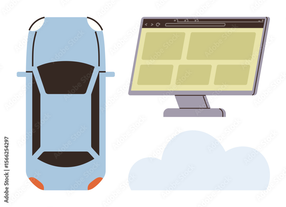 Aufkleber overhead view of a blue car, a cloud shape, and a computer screen with a browser interface. ideal fo
