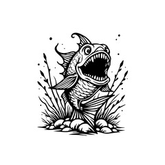A captivating illustration of a stylized fish with an open mouth surrounded by vegetation and pebbles