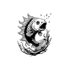 Captivating monochrome illustration of a fish in water with open mouth bubbles illustration design graphic